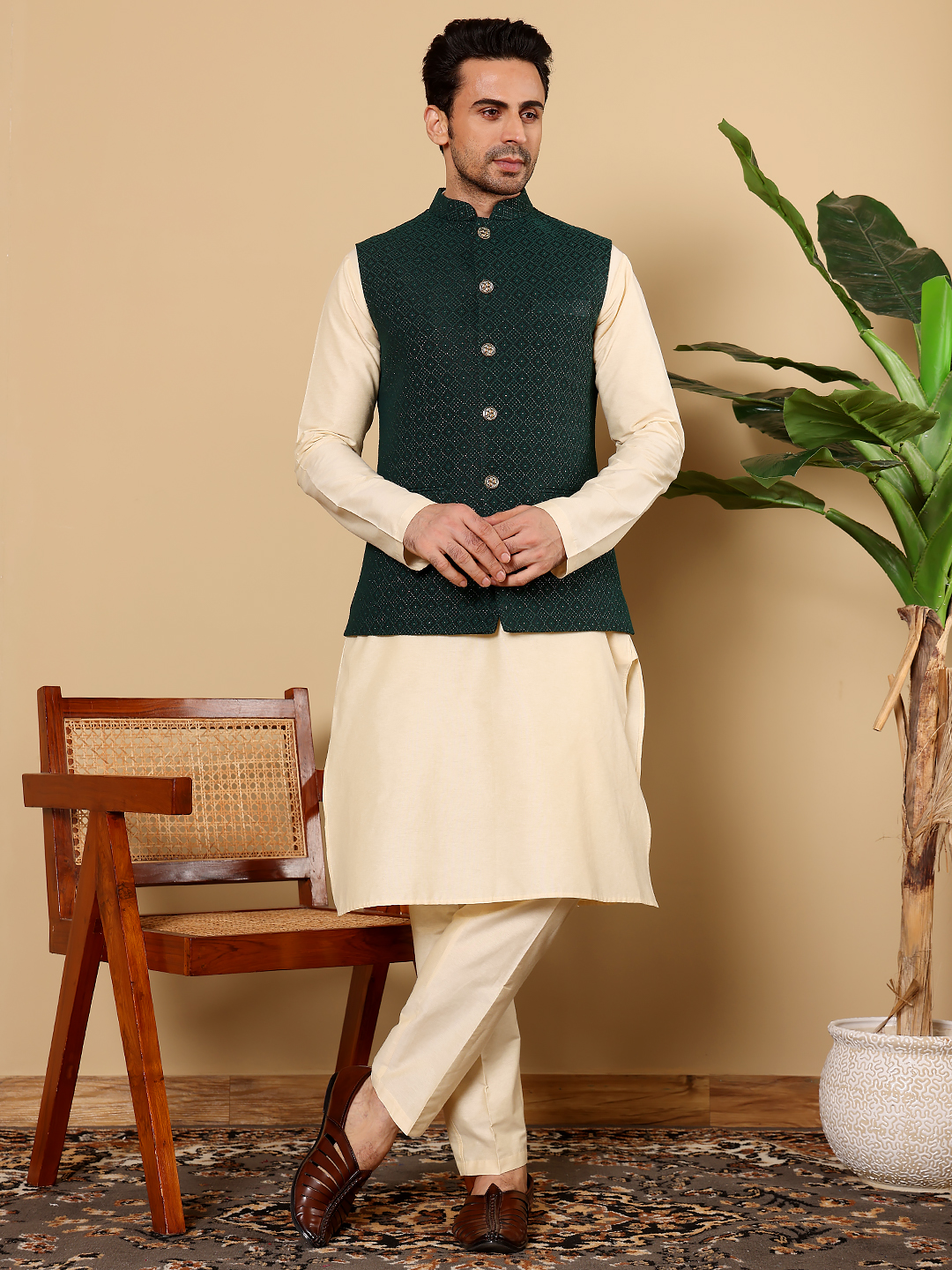 Men s Dark Green Embroidered Nehru Jacket